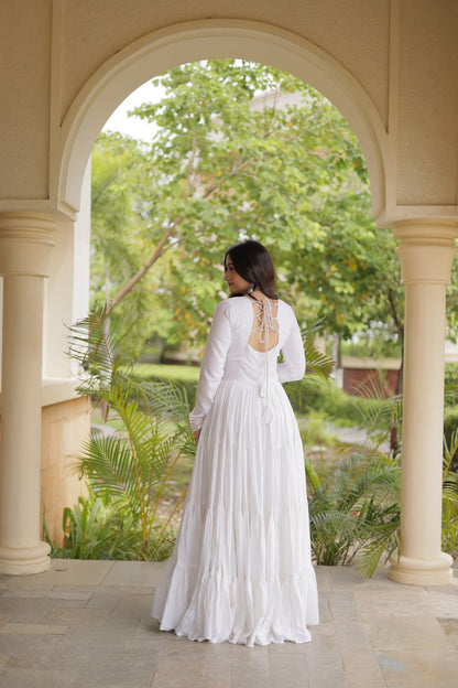 RangBhoomi Navratri Gown Collection 2026 — Wine, Rama & White Embroidered Mirror Work Gown