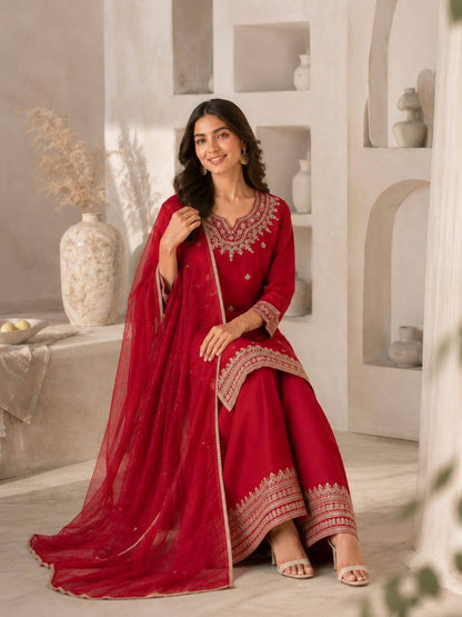 RangBhoomi Designer Festival Special Collection - Elegant Roman Silk Embroidered Ensemble with Palazzo and Decorative Dupatta