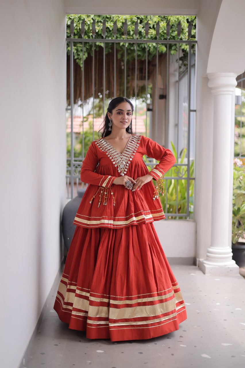 RangBhoomi Navratri Kora Cotton Full-Stitched Lehenga & Blouse Set with Mirror and Gota Work