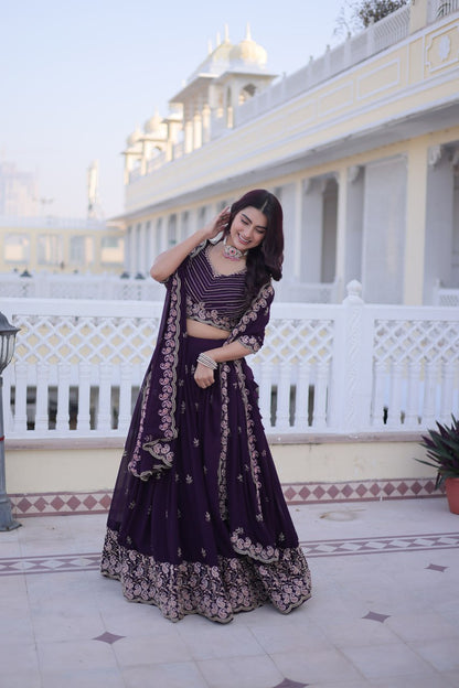 Elegant Lehenga Choli and Dupatta Set with Intricate Sequins and Zari Embroidery