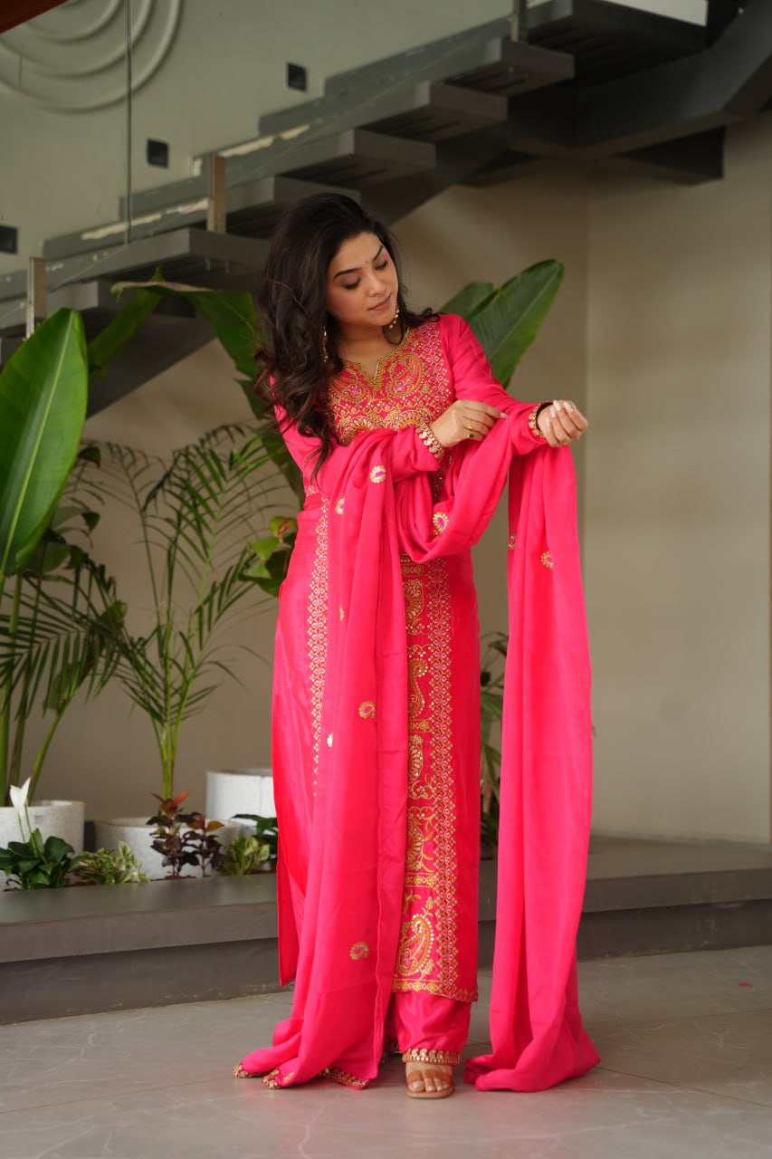 RangBhoomi Elegant Ready-to-Wear Top, Pant, and Dupatta Set with Intricate Multi-Thread Embroidery 2026 Collection