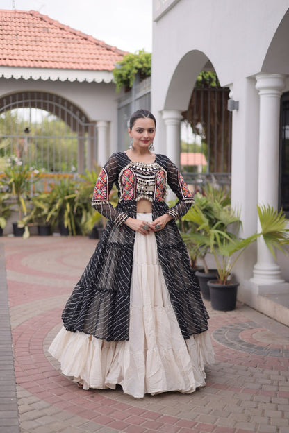 RangBhoomi Kora Cotton Lehenga & Faux Georgette Kurti Set - Full-Stitched, Frilled Lehenga, Laheriya Print Kurti