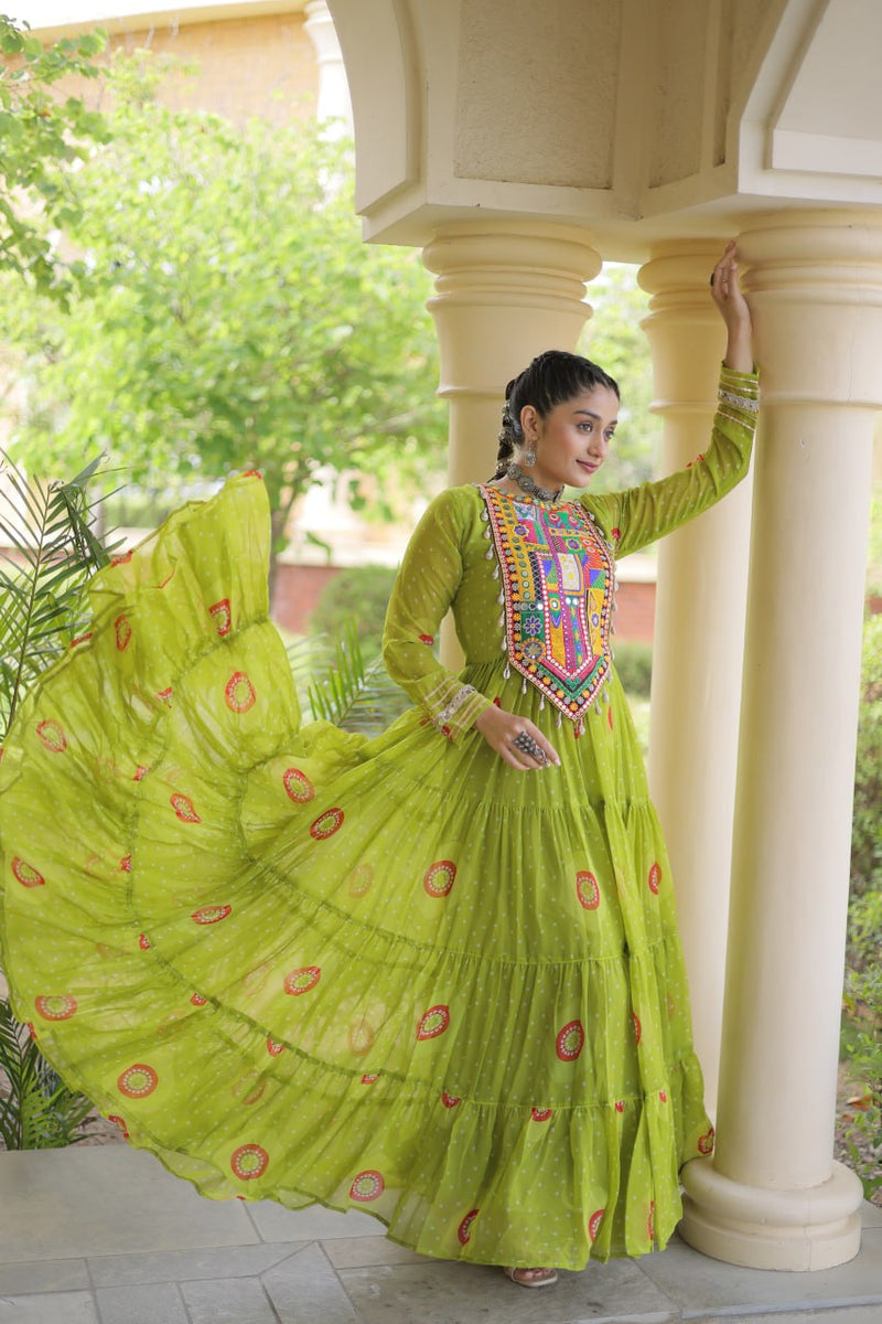RangBhoomi Bandhani & Kutchi Patchwork Faux Georgette Gown — Navratri Collection 2026
