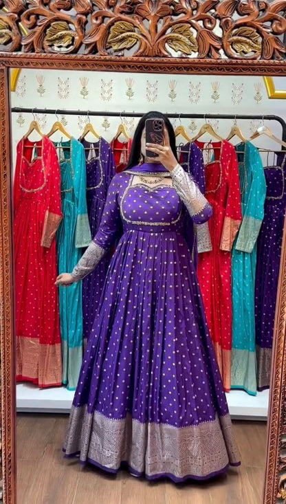 Elegant New Jacquard Gown with Fox Georgette Dupatta – Fully Stitched, Comfortable Fit
