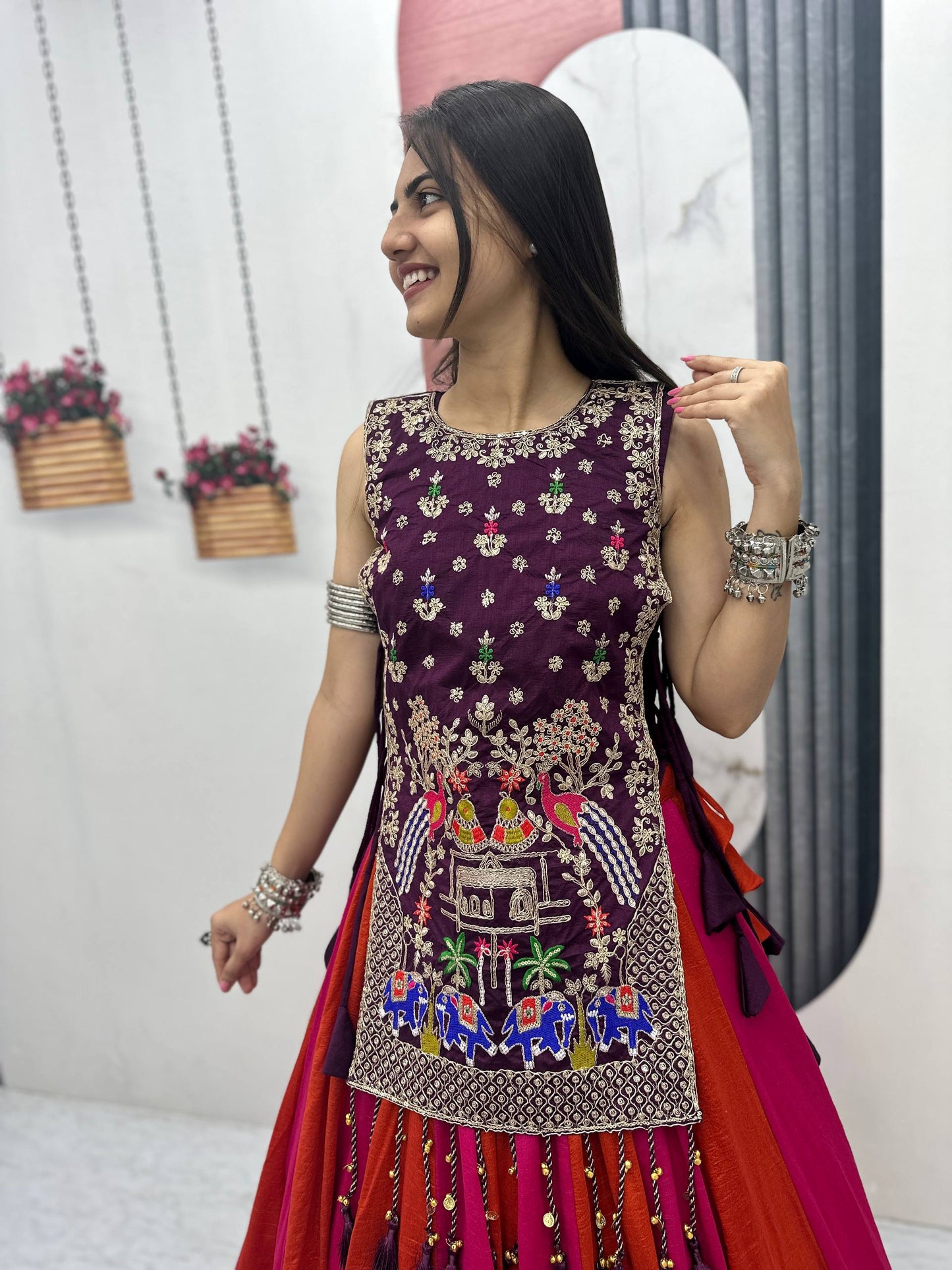 RangBhoomi Elegant Navratri Special Vichitra Silk Lengha Choli with Heavy Thread and Sequence Work Shrug