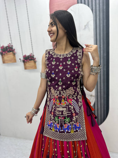 RangBhoomi Elegant Navratri Special Vichitra Silk Lengha Choli with Heavy Thread and Sequence Work Shrug