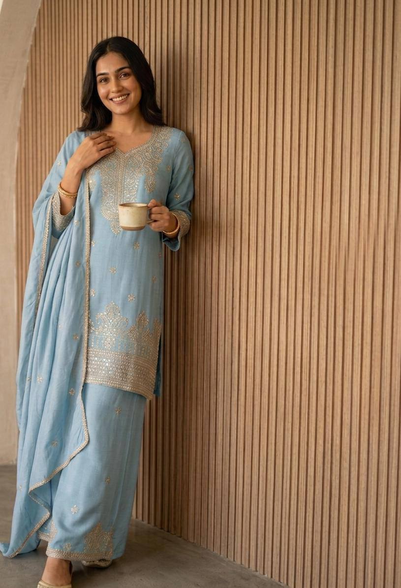 RangBhoomi Designer Wear Festival Special Collection - Elegant Zazu Silk Embroidered Ensemble with Palazzo and Dupatta