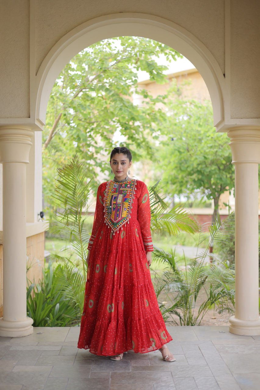 RangBhoomi Bandhani & Kutchi Patchwork Faux Georgette Gown — Navratri Collection 2026