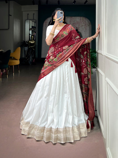 RangBhoomi White Poly Kanjivaram Lehenga with Kalamkari Tasar Dupatta