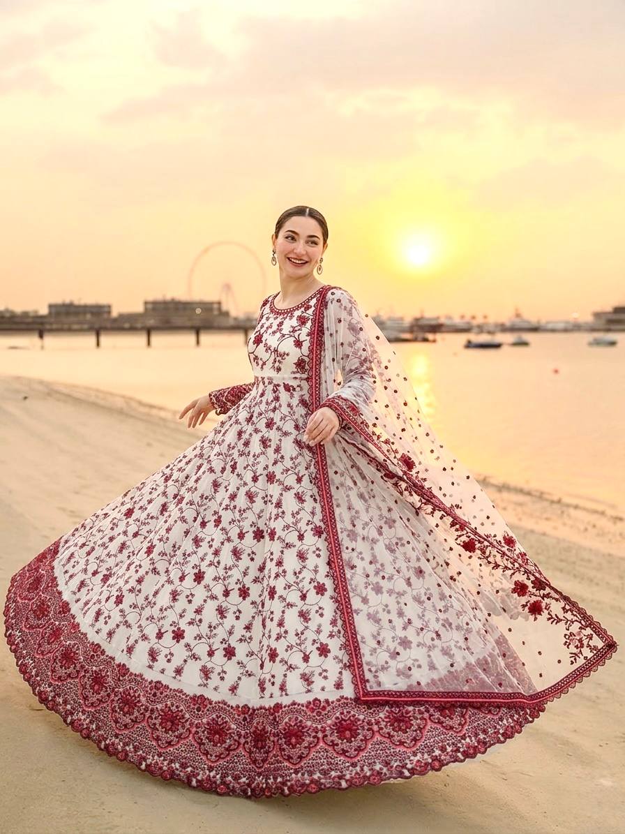 Elegant Party Wear Heavy Faux Georgette Gown with Organza Dupatta and Micro Cotton Bottom Set