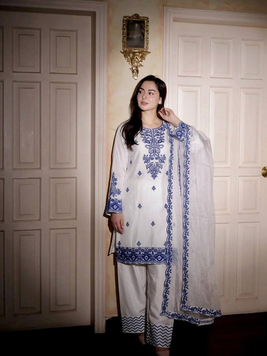 Elegant Women's Ethnic Ensemble with Embroidered Rayon Cotton Top, Farshi Pants, and GMY Silk Dupatta