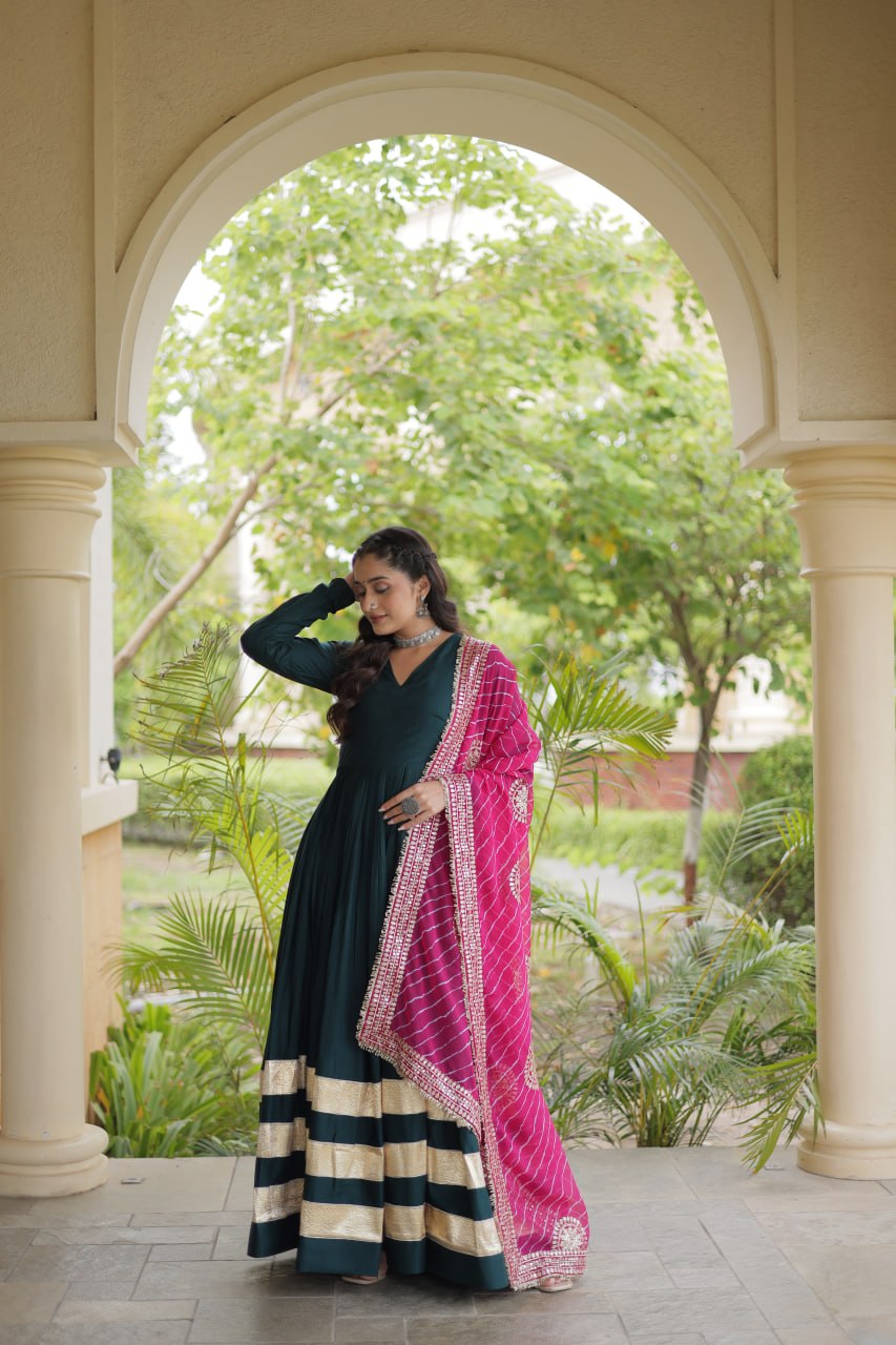 RangBhoomi Navratri Gown & Dupatta Collection 2026 – Full-Sleeve V-Neck Reyon Gown with Georgette Dupatta