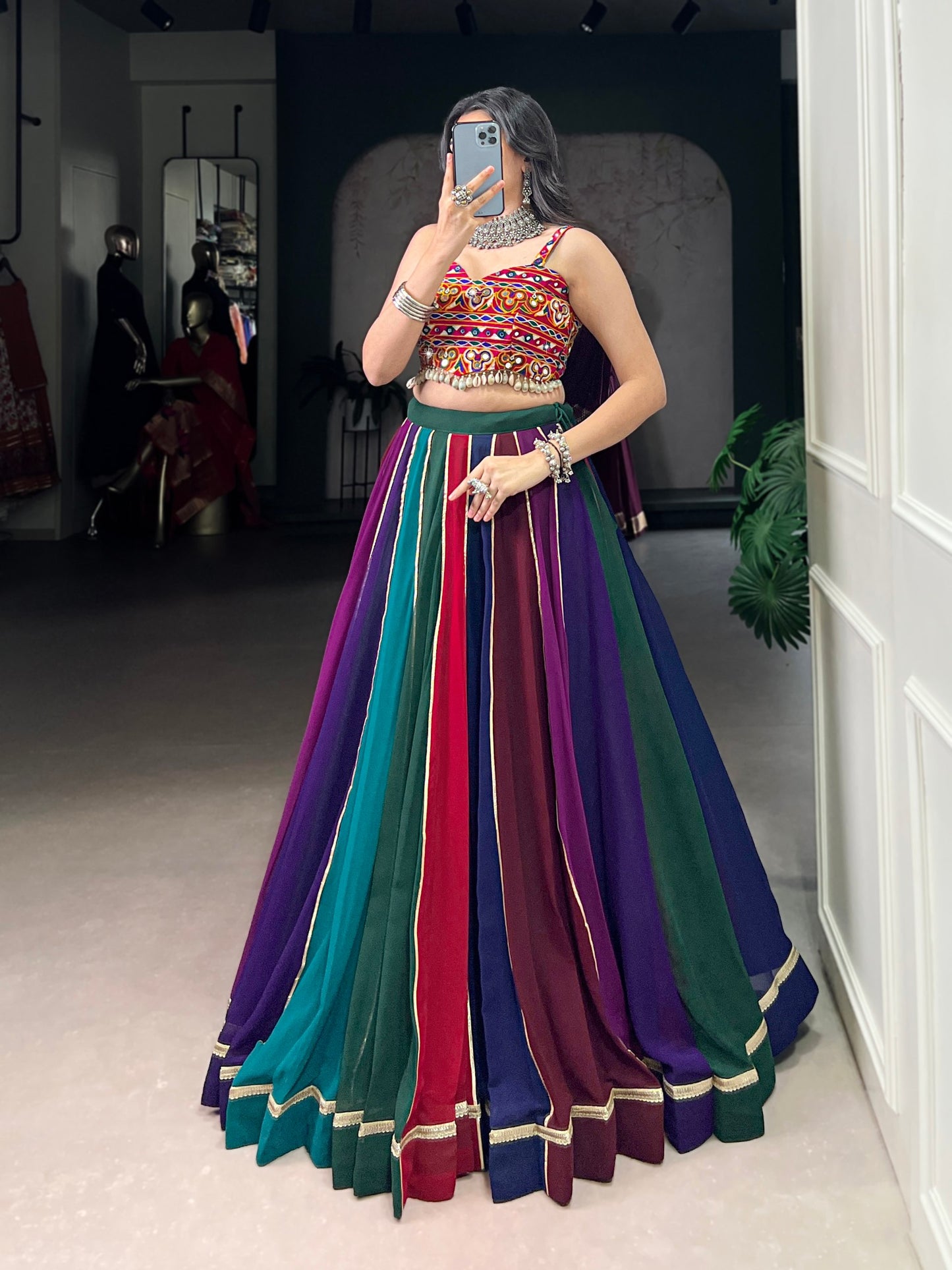 RangBhoomi Multicolor Garba Lehenga Set — Mirror-Embellished Blouse & Flared Georgette Skirt