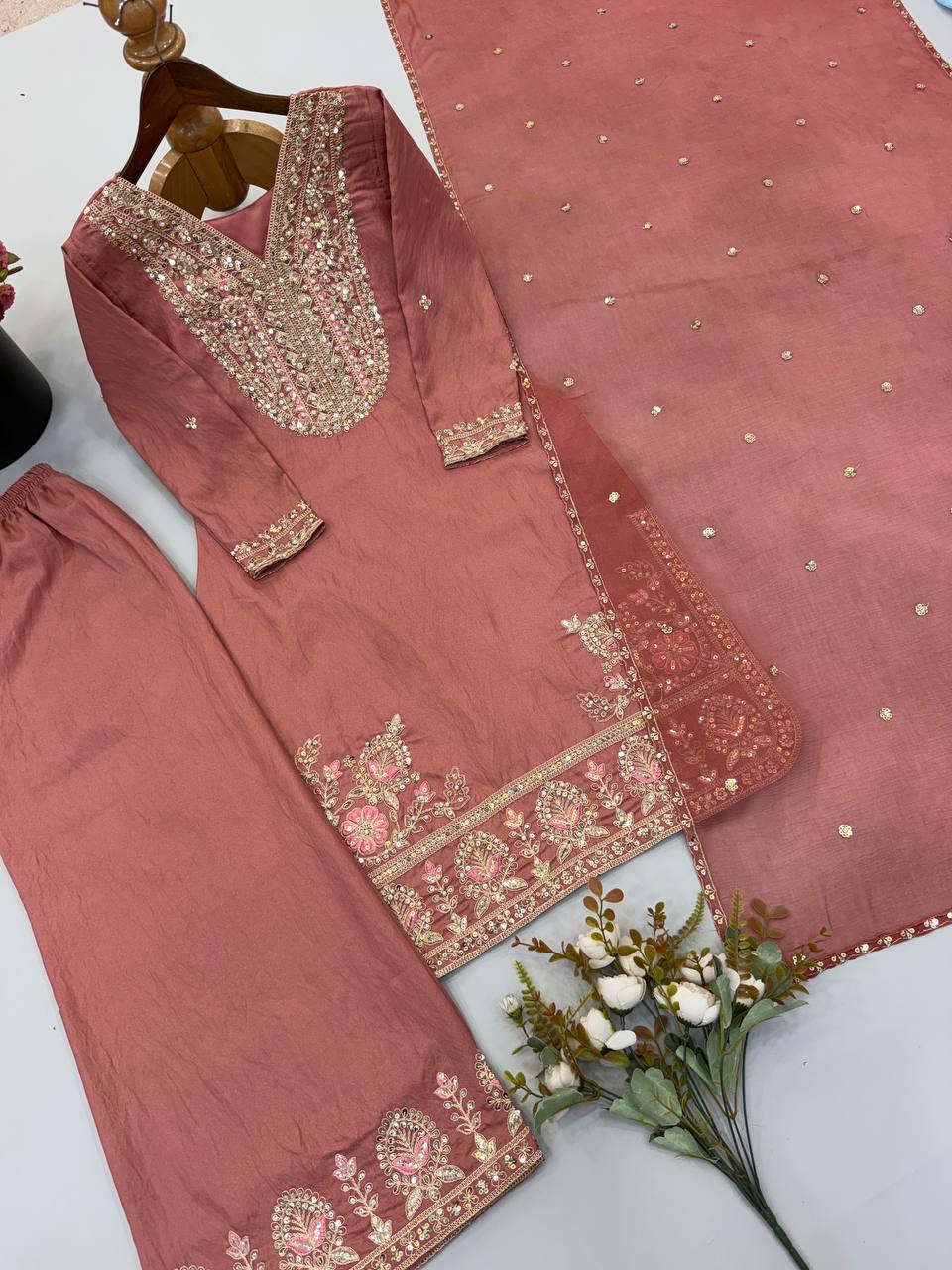 RangBhoomi Designer Ronald Silk Heavy Embroidery Sequence Work Top-Bottom and Dupatta Set — Fully Stitched Ready to Wear