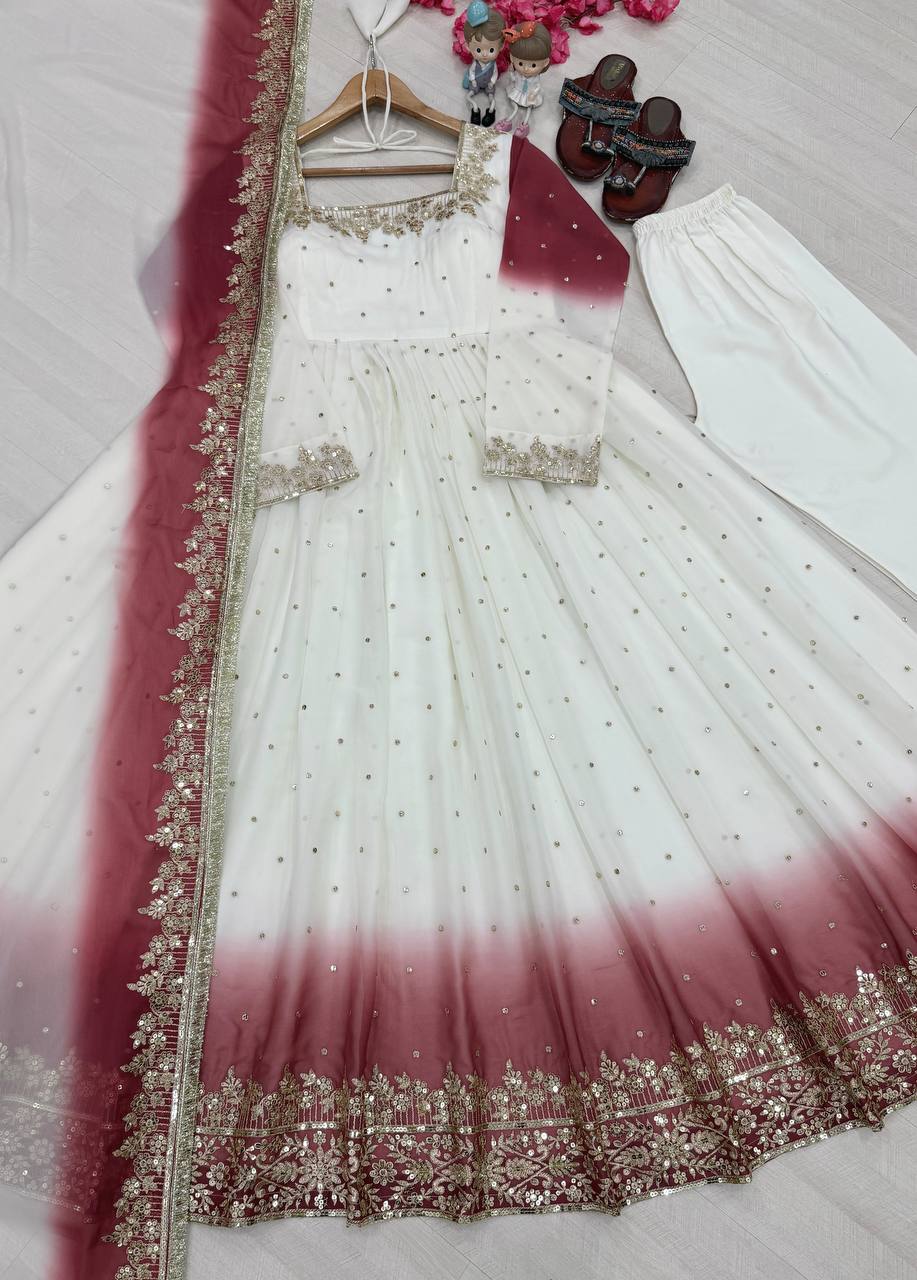 RangBhoomi Dual Tone Embroidered Georgette Anarkali Gown Set with Dupatta & Bottom
