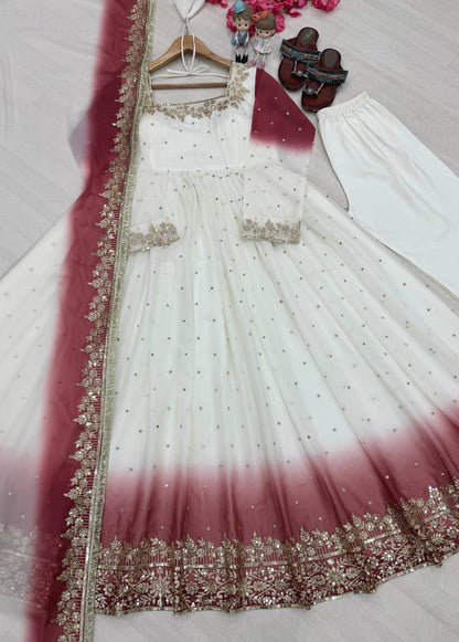 RangBhoomi Dual Tone Embroidered Georgette Anarkali Gown Set with Dupatta & Bottom