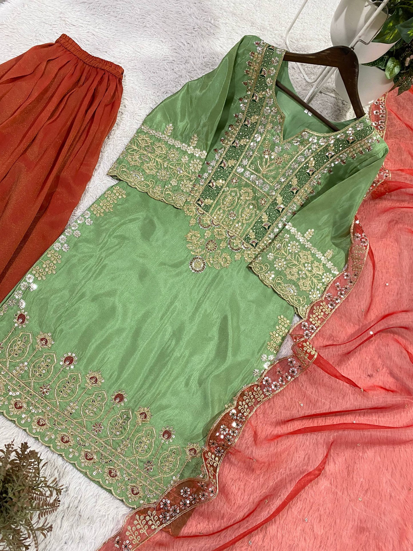 Elegant Designer Cording and Sequin Embroidered Plazzo Set - Perfect for Parties and Weddings