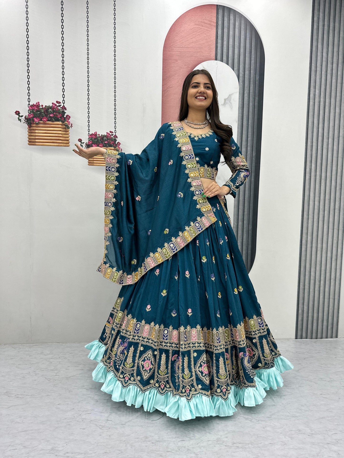 RangBhoomi Exquisite Festival Lehenga Choli Set with Heavy Embroidery and Pure Vichitra Fabric