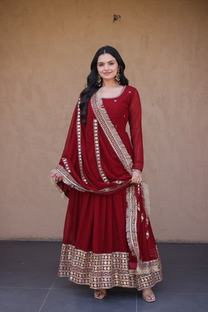 RangBhoomi Festive Faux Blooming Gown with Embroidered Dupatta - Rama & Maroon