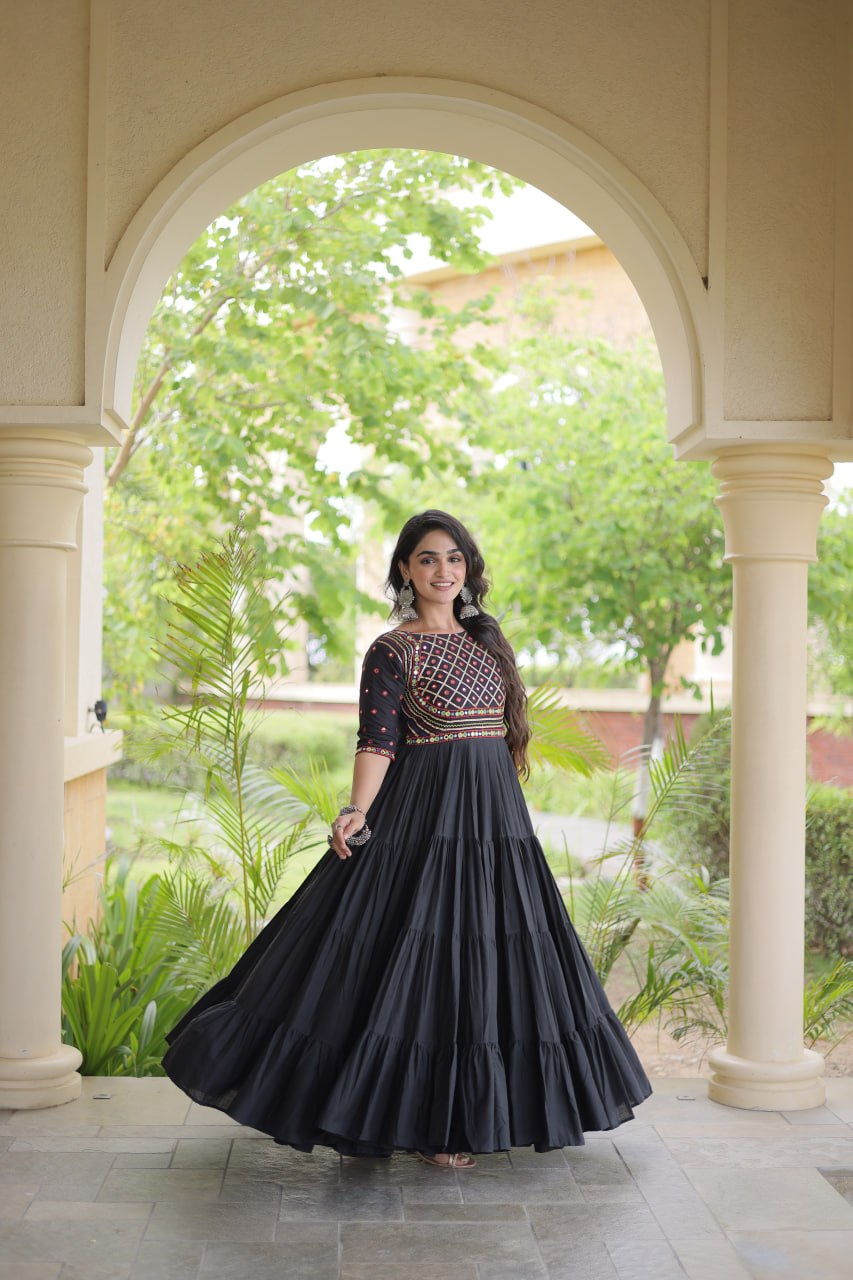 RangBhoomi Navratri Embroidered Kora Cotton Gown — Off-White & Black, 56" Length