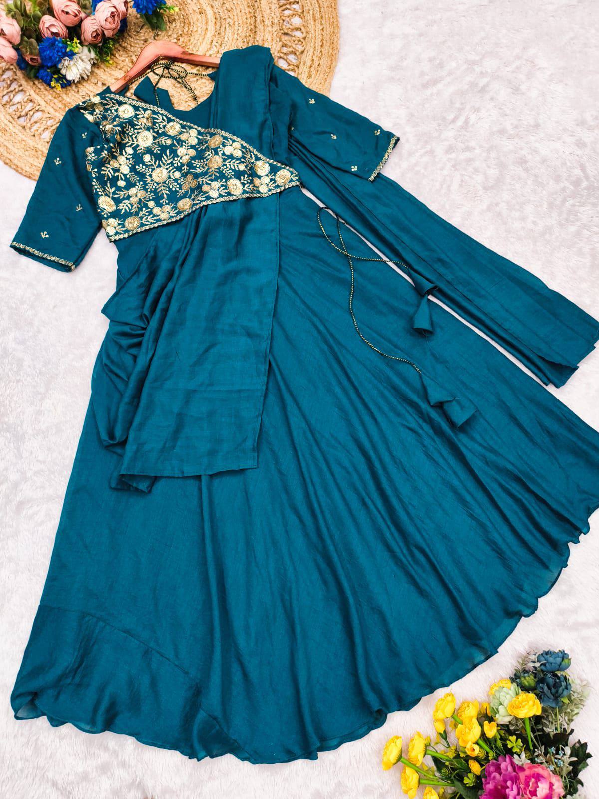 Aqua saree-anarkali with an embroidered bodice; perfect for a sophisticated and party look.