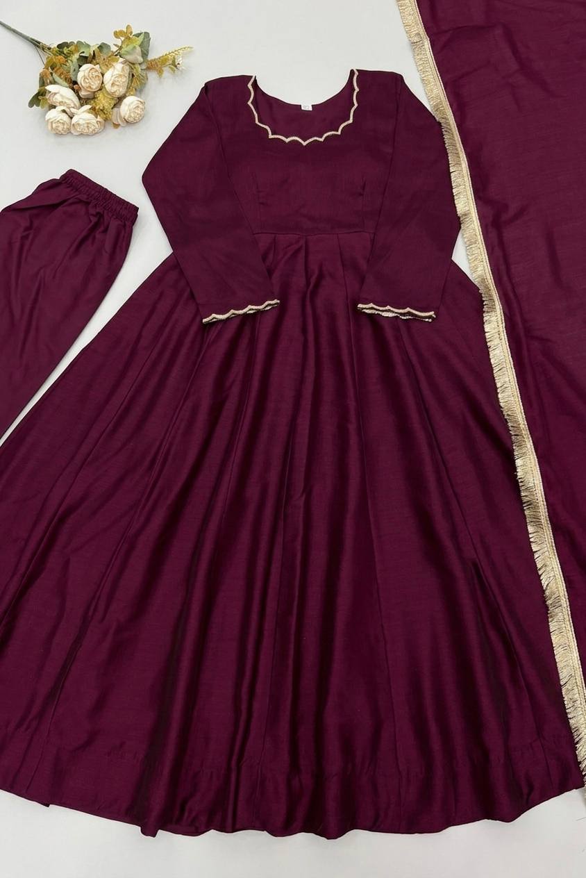 Elegant Anarkali Evening Gown with Beaded Detailing, Full Sleeves, and Vichitra Silk Fabric - Includes Bottom and Dupatta