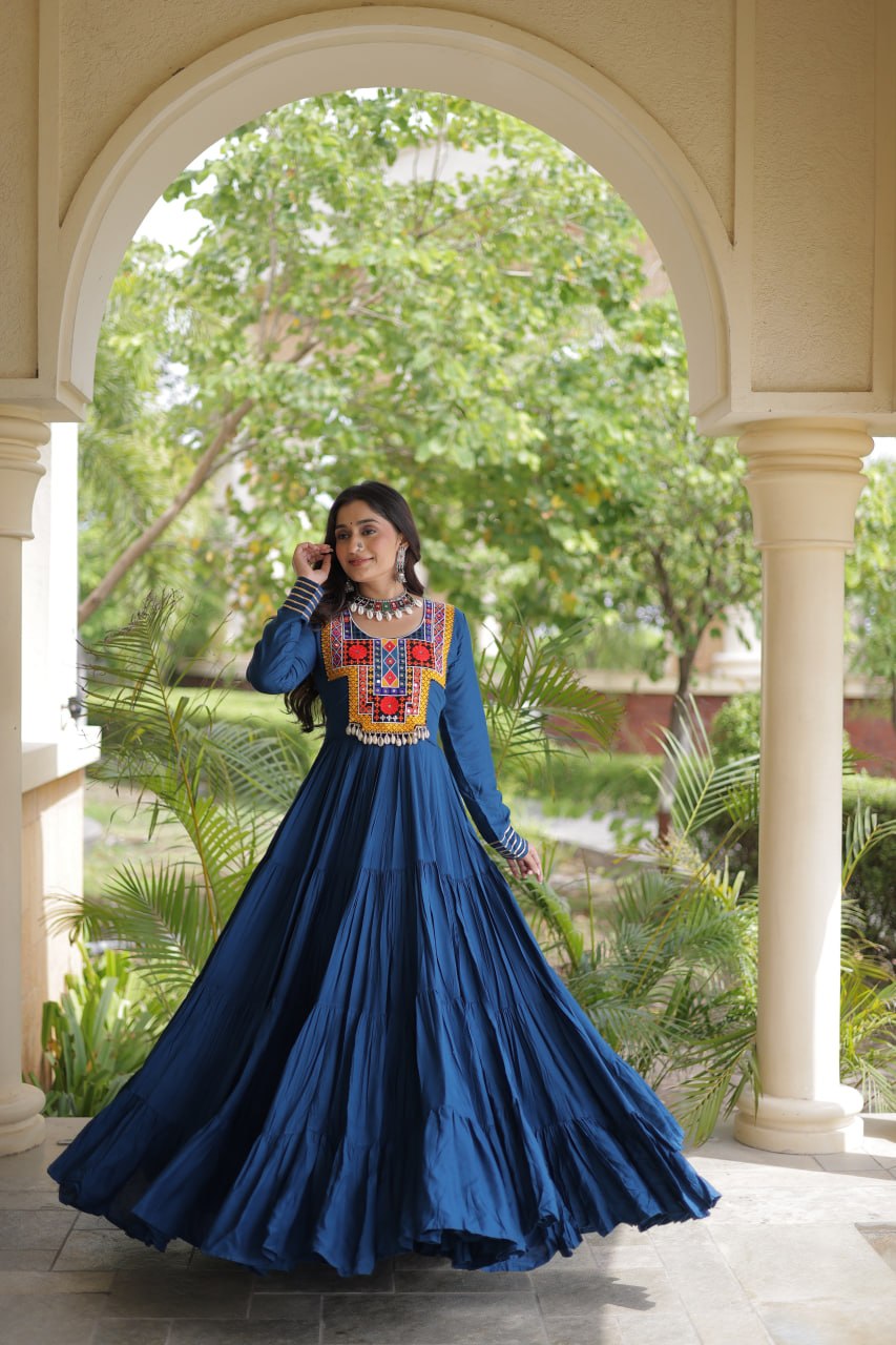 RangBhoomi Navratri Gown Collection 2026 — Wine, Rama & White Embroidered Mirror Work Gown