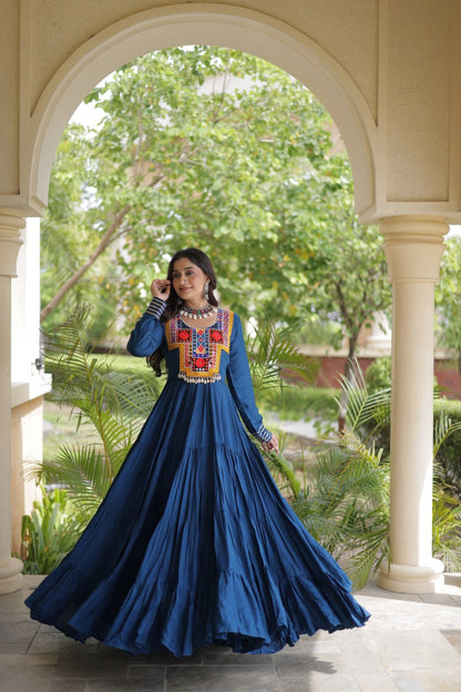 RangBhoomi Navratri Gown Collection 2026 — Wine, Rama & White Embroidered Mirror Work Gown