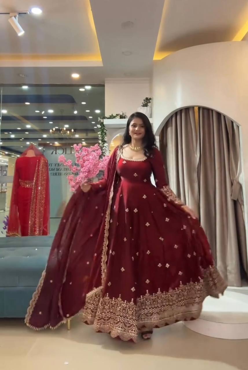 RangBhoomi Exclusive Designer Party Wear Collection – Elegant Two-Tone Silk Gown with Embroidery and Pearl Accents