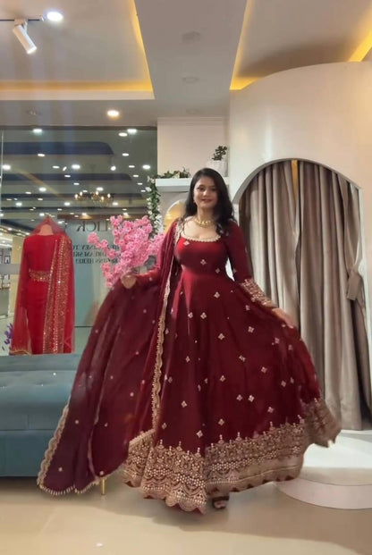 RangBhoomi Exclusive Designer Party Wear Collection – Elegant Two-Tone Silk Gown with Embroidery and Pearl Accents