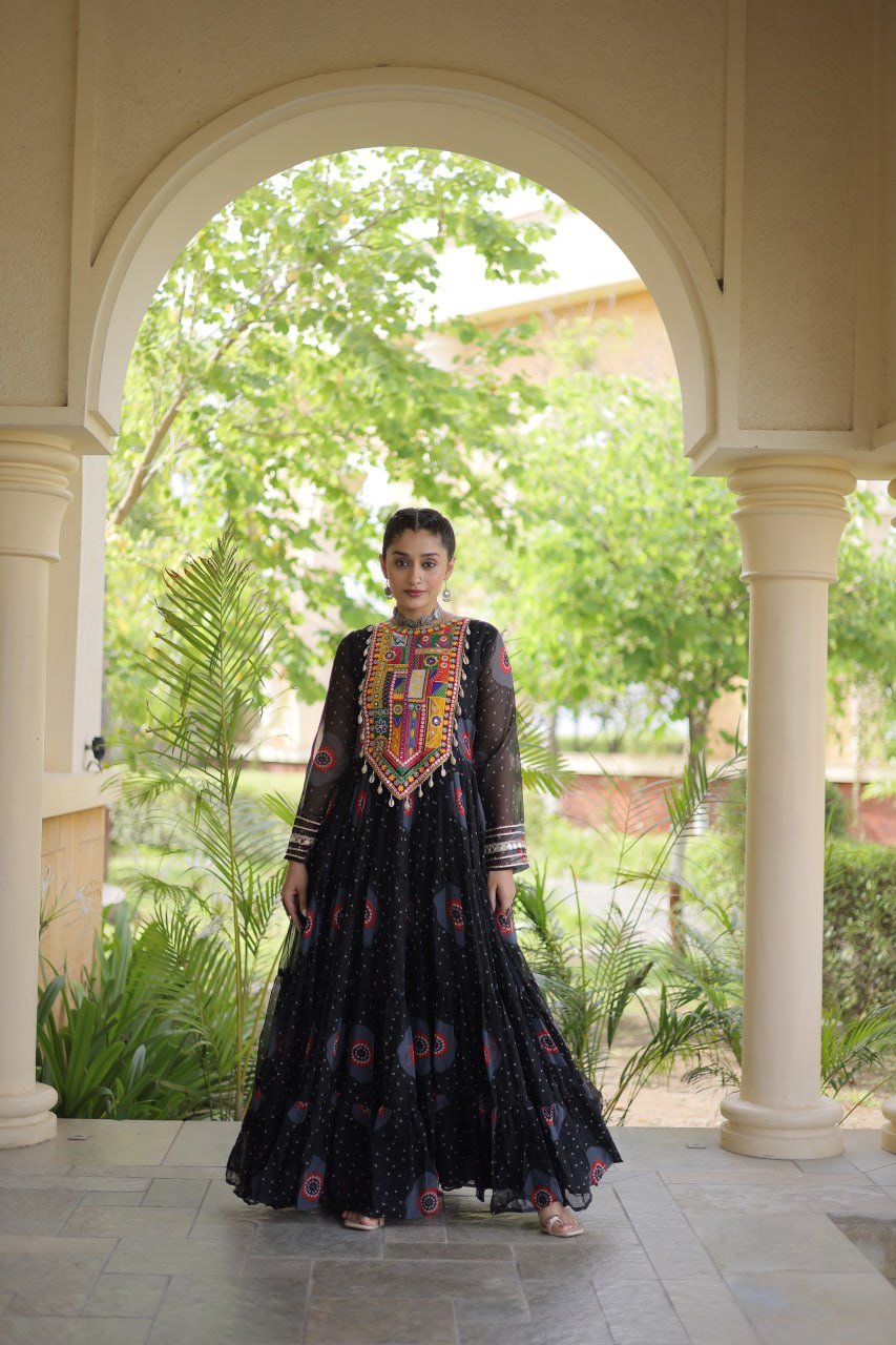RangBhoomi Bandhani & Kutchi Patchwork Faux Georgette Gown — Navratri Collection 2026