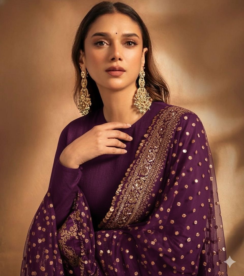 Elegant Embroidered Fox Georgette Gown with Matching Dupatta – Fully Stitched, Sophisticated Design