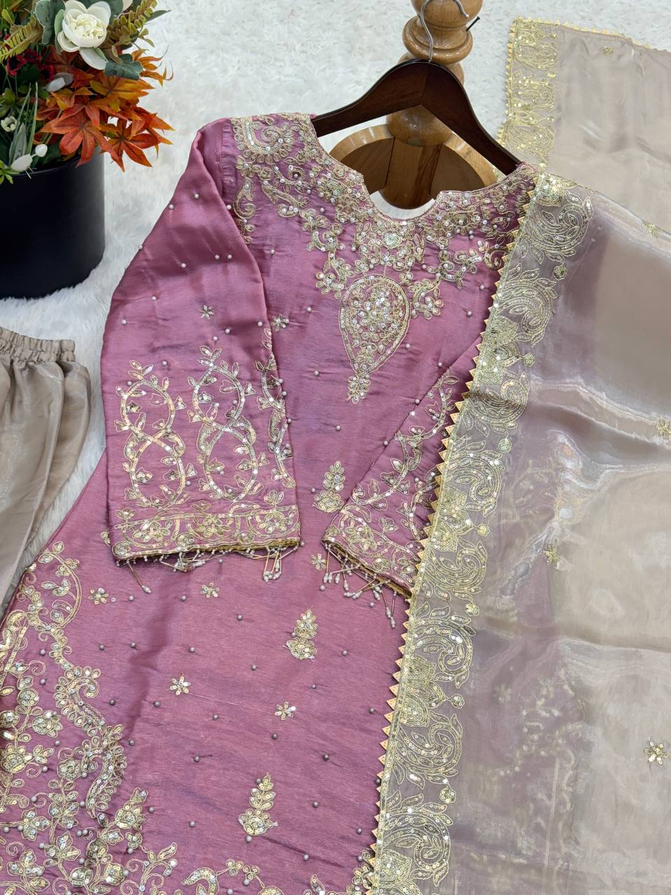 RangBhoomi Exclusive Designer Partywear Set – Pure Heavy GMY Silk with Elaborate Embroidery and Sequins