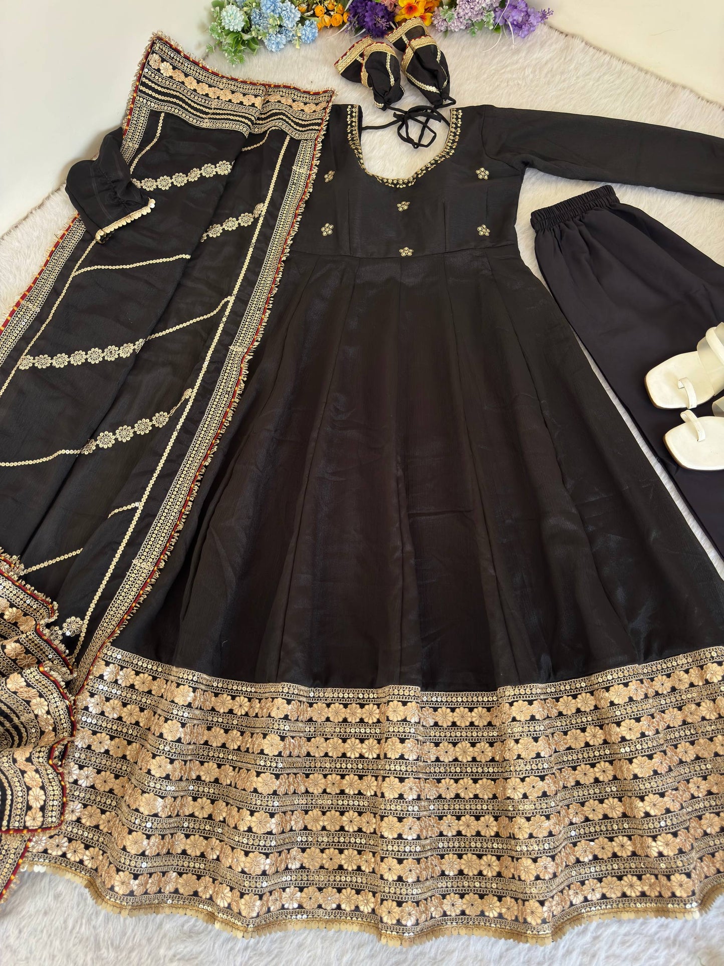 RangBhoomi Premium Chinon Silk Anarkali Gown Set with Heavy Embroidery, 3mm Sequin Sleeve Lace, Crepe Pants, and Sequined Lace Dupatta