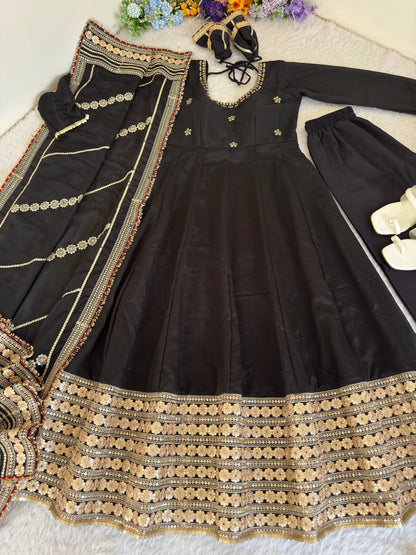 RangBhoomi Premium Chinon Silk Anarkali Gown Set with Heavy Embroidery, 3mm Sequin Sleeve Lace, Crepe Pants, and Sequined Lace Dupatta