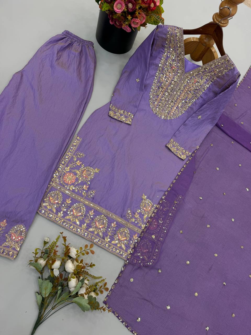 RangBhoomi Designer Ronald Silk Heavy Embroidery Sequence Work Top-Bottom and Dupatta Set — Fully Stitched Ready to Wear