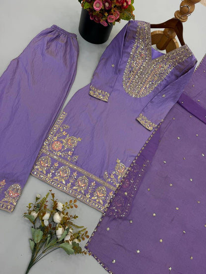 RangBhoomi Designer Ronald Silk Heavy Embroidery Sequence Work Top-Bottom and Dupatta Set — Fully Stitched Ready to Wear
