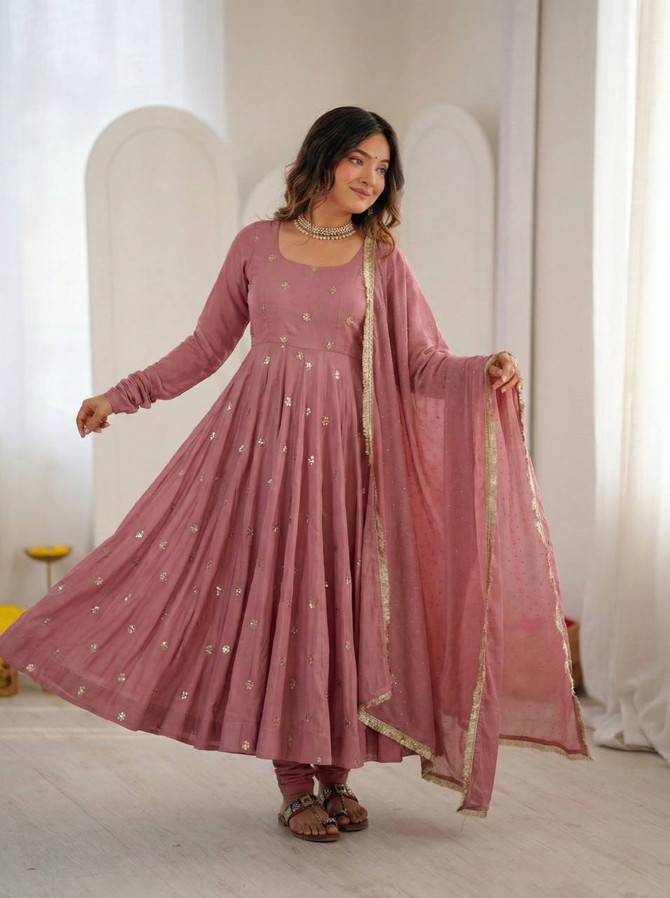 Elegant Ready-to-Wear Designer Gown and Dupatta Set in Roman Silk with Exquisite Embroidery
