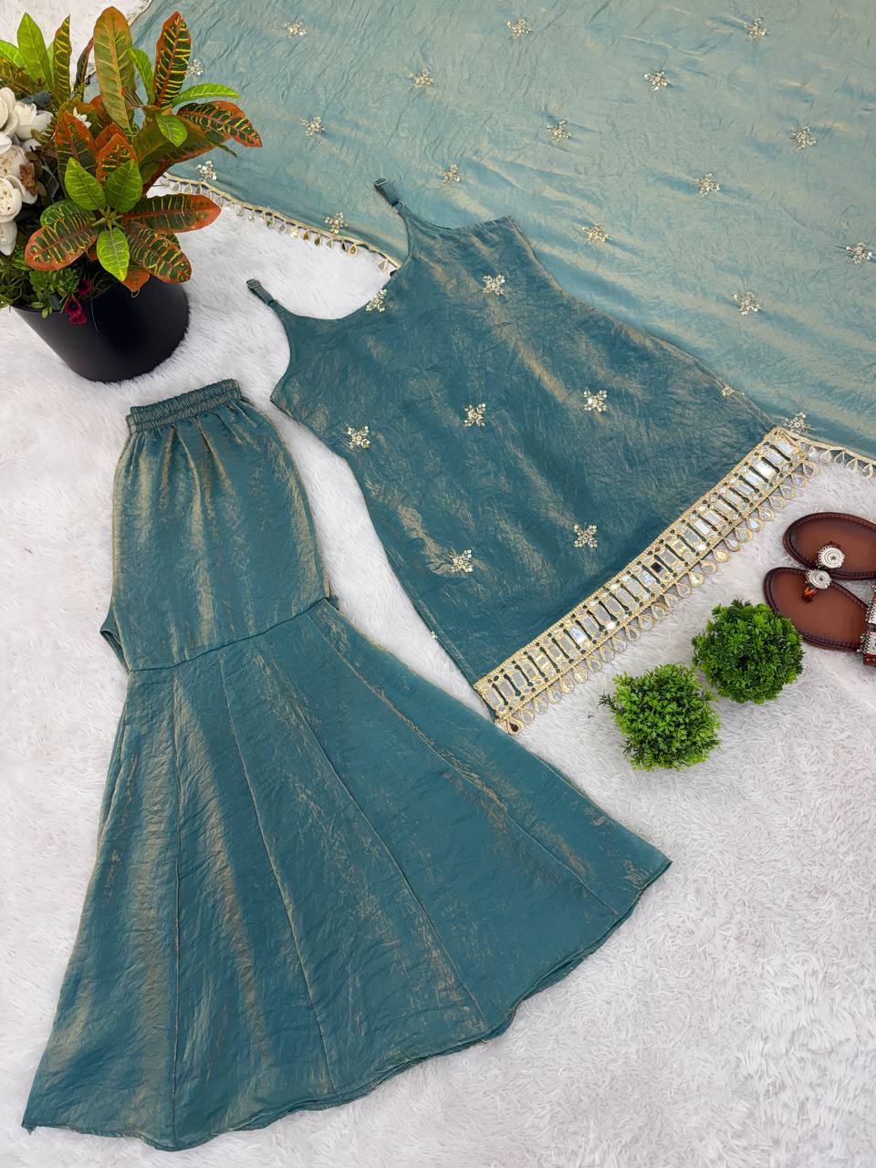 Women's Elegant Ethnic Ensemble with Embroidered Mirror Work - Ready to Wear