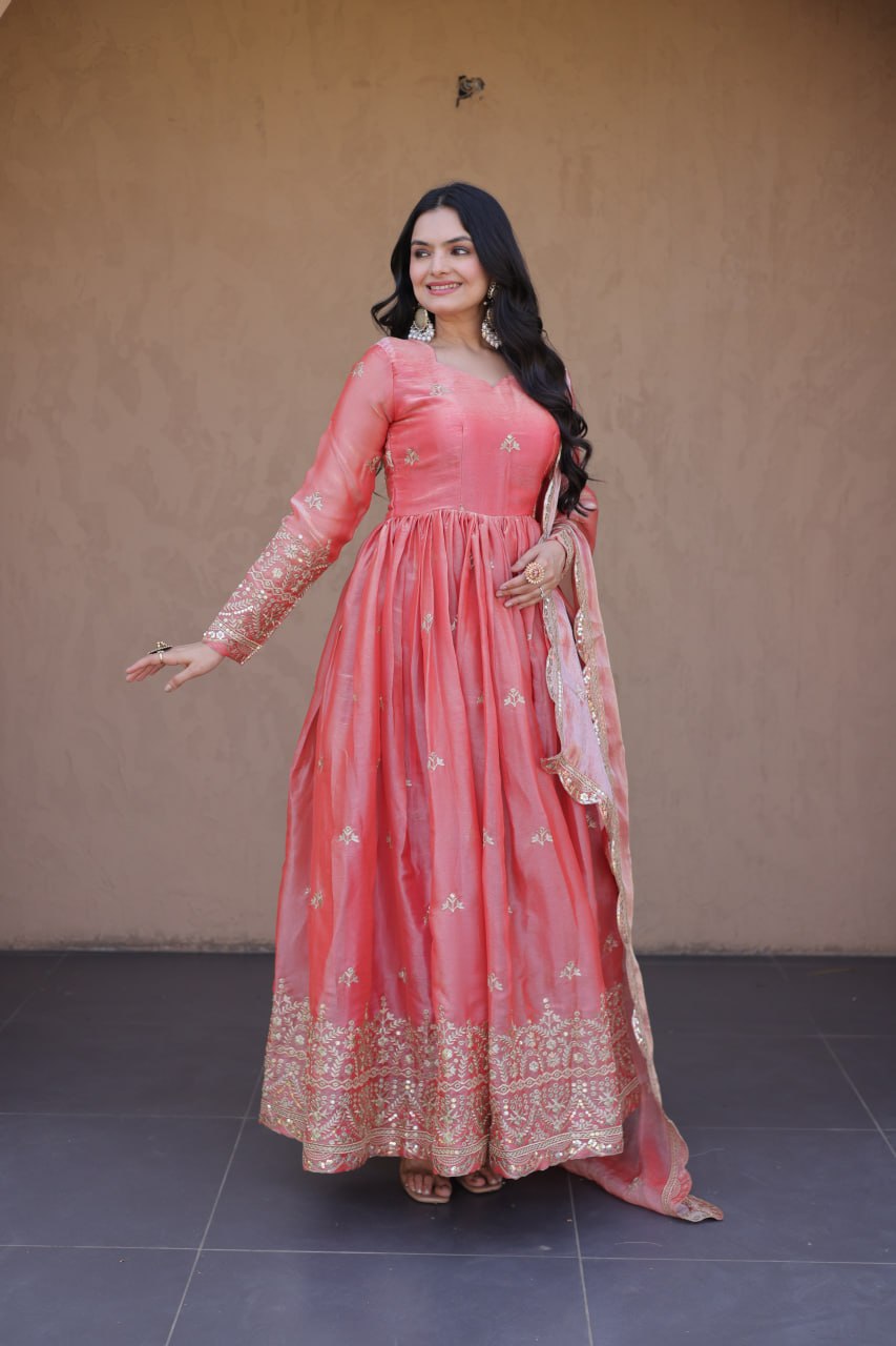 RangBhoomi Fendi Silk Sequined Gown with Dupatta – Elegant Full-Sleeve Designer Set