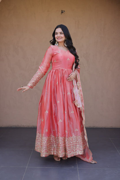 RangBhoomi Fendi Silk Sequined Gown with Dupatta – Elegant Full-Sleeve Designer Set