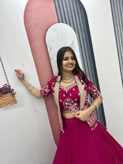 RangBhoomi Festival Special Embroidered Chinon Crop Top Set with Lehenga and Jacket