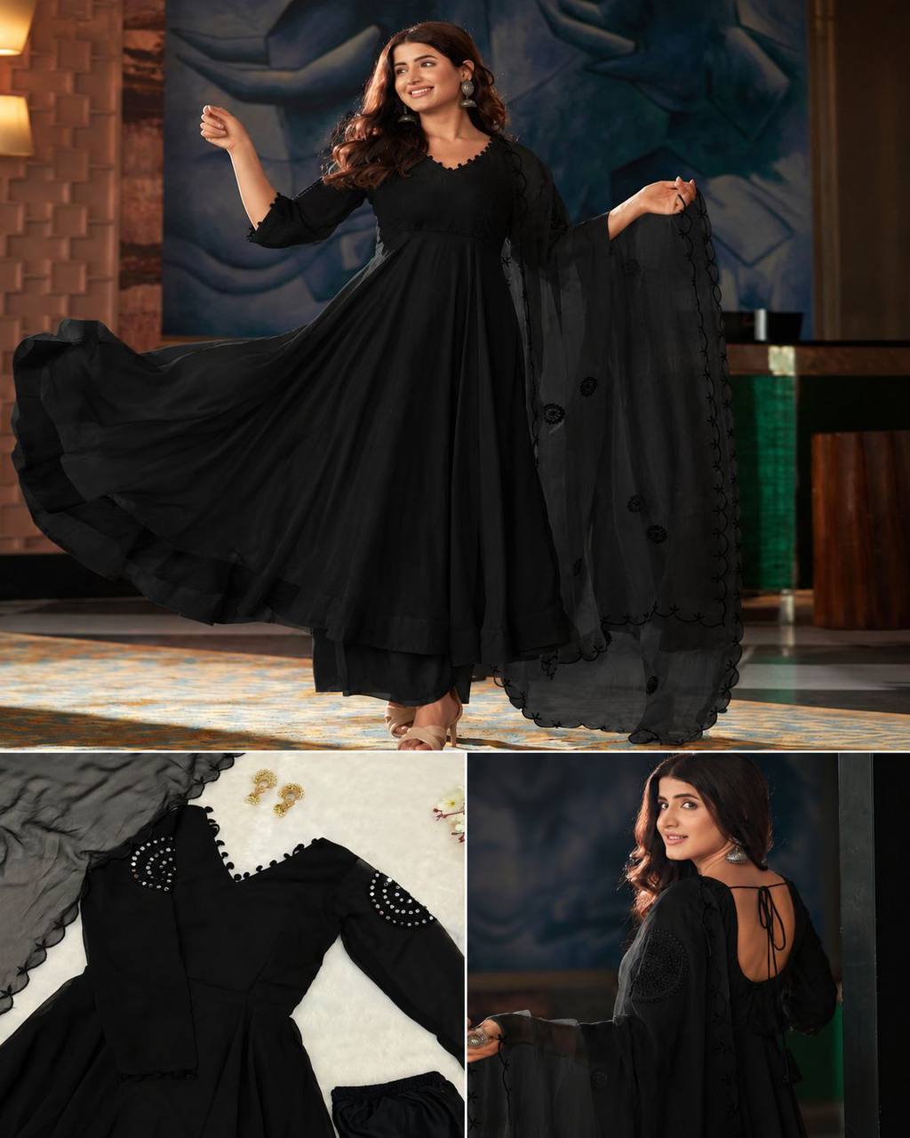 RangBhoomi Black Georgette Anarkali Set with Mirror Embroidery — Eid Special