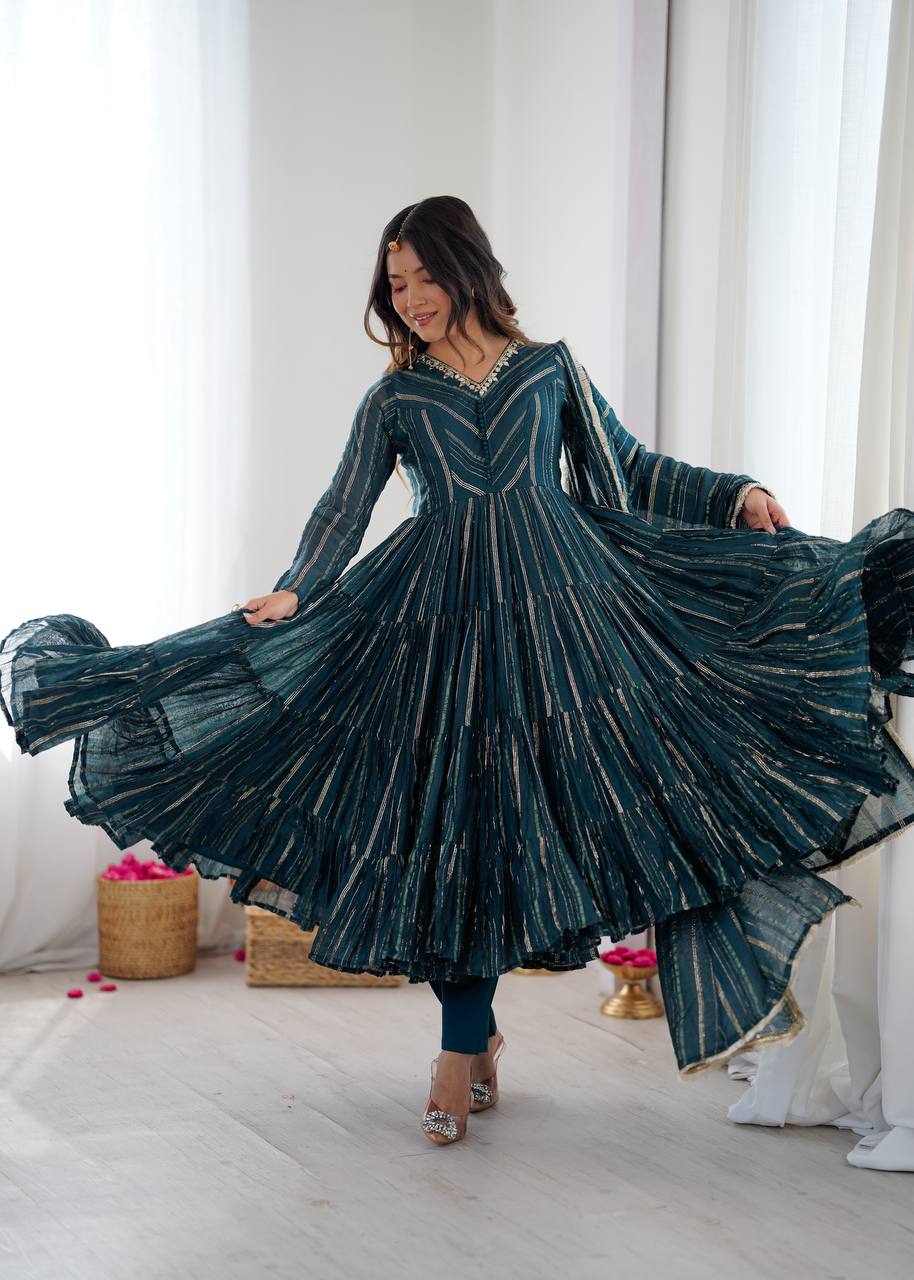 RangBhoomi Women’s Ethnic Ruffle Gown with Mirror Work and Matching Dupatta