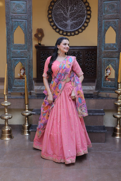 Elegant Lehengha Choli Set with Embroidered Cosmos Silk and Printed Tabby Silk Dupatta