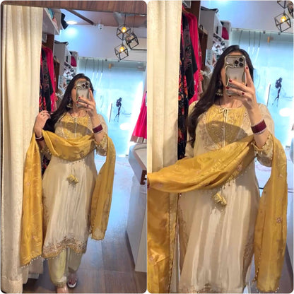 RangBhoomi Ronald Silk Sequin Embroidered Women's Ethnic Suit - Fully Stitched with Lace-Edged Dupatta