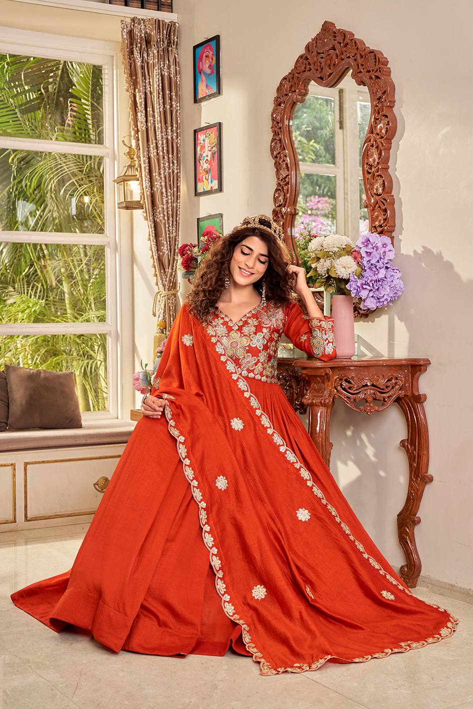 RangBhoomi Exclusive Festival Long Gown and Matching Dupatta Set with Heavy Embroidery