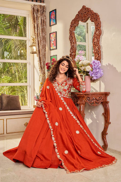 RangBhoomi Exclusive Festival Long Gown and Matching Dupatta Set with Heavy Embroidery