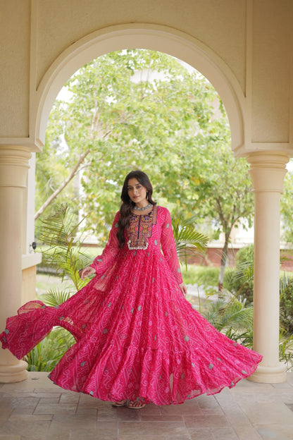 RangBhoomi Bandhani & Kutchi Patchwork Faux Georgette Gown — Festive Navratri Edition