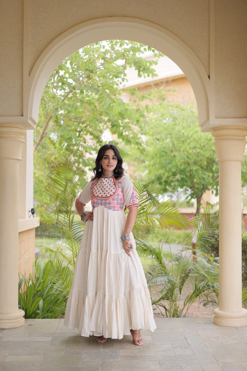 RangBhoomi Navratri Embroidered Kora Cotton Gown — 54" Festive Flair